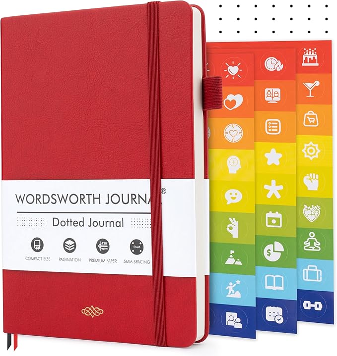 Wordsworth & Black A5 Bullet Dotted Journal 216 Dotted Pages, Hardcover Grid Dot Leather, 120 GSM Paper, Journaling Notebook for Work & Sketching, Journals for Women, Men - Gifts Box Included Red-DeskLoop Office