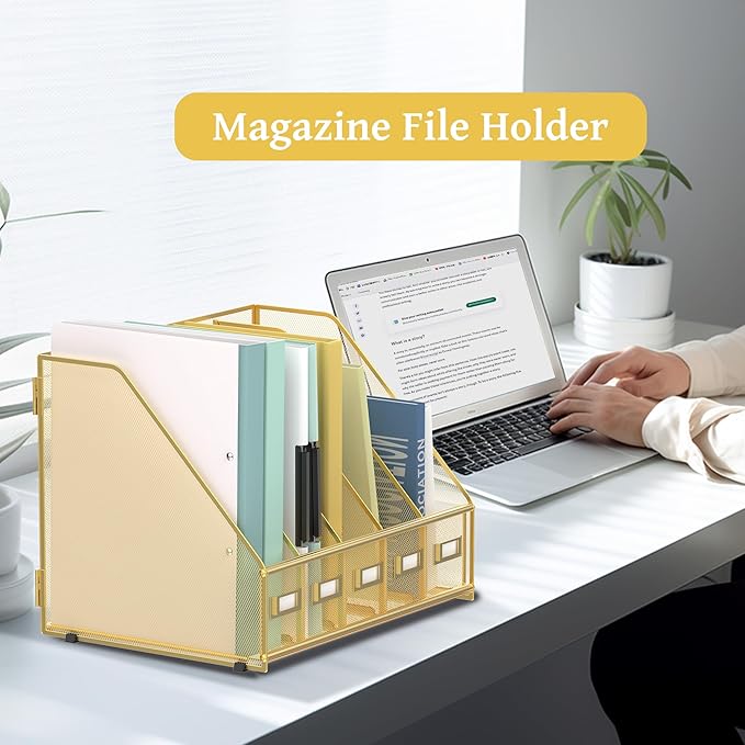 SUPEASY Desk Organizers Metal Desk Magazine File Holder with 5 Vertical Compartments Rack File Organizer for Office Desktop, Home Workspace, Gold-DeskLoop Office