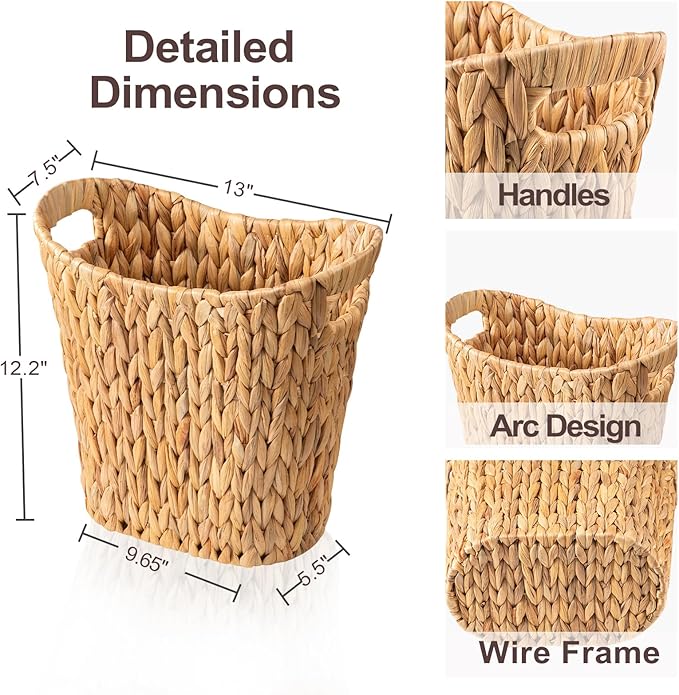 FairyHaus Wicker Trash Can with Handles, Natural Water Hyacinth Wicker Waste Basket, Handwoven Wicker Trash Basket for Bathroom Bedrooms, 13" L x 7.5" W x 12.2" H-DeskLoop Office