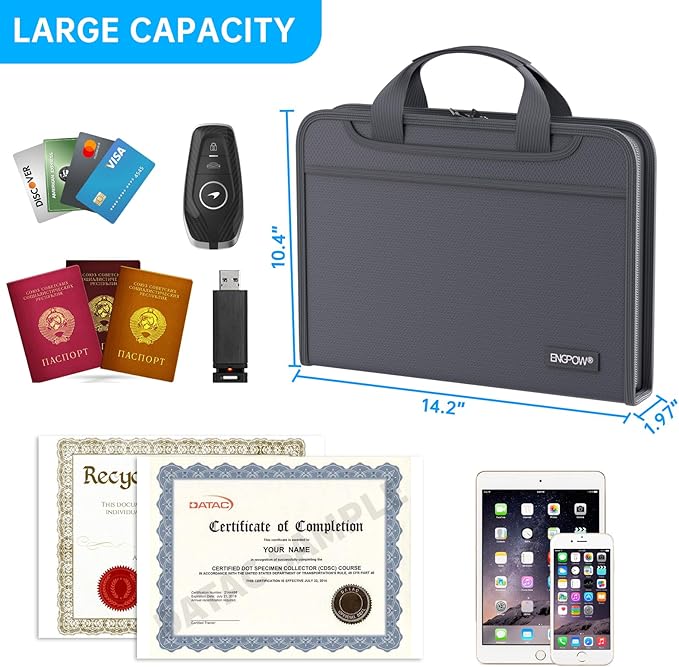 ENGPOW Accordion File Organizer,Fireproof Expanding File Folder with Multi Pockets,13 Pockets Document Organizer Bag with Handle & Labels,Portable Home Travel Safe Storage for Letter A4 Files,Gray-DeskLoop Office