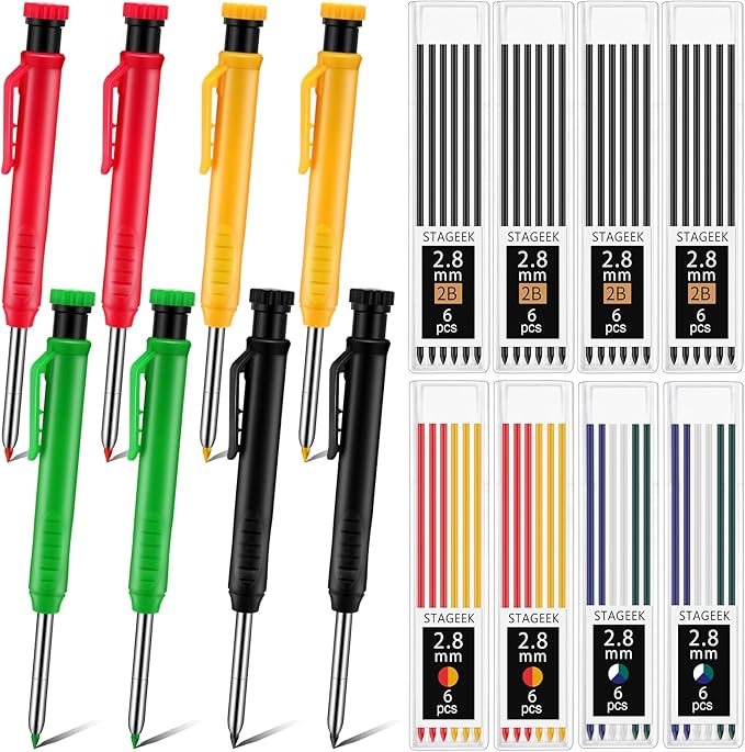 8 pack 2.8mm Mechanical Carpenter Pencils with 48 Refills, Construction Pencils with Built-in Sharpener, Long Nib Deep Hole Marker, Heavy Duty Woodworking Tools(Black+yellow+red+green)-DeskLoop Office