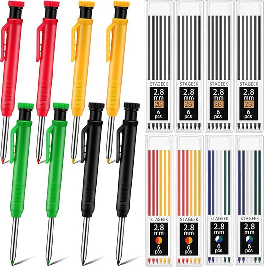 8 pack 2.8mm Mechanical Carpenter Pencils with 48 Refills, Construction Pencils with Built-in Sharpener, Long Nib Deep Hole Marker, Heavy Duty Woodworking Tools(Black+yellow+red+green)-DeskLoop Office