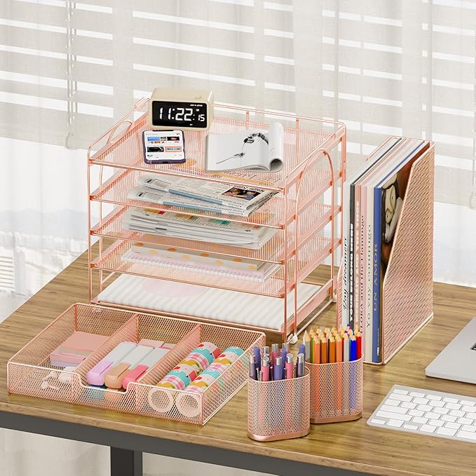 Desk Organizers and Accessories, 5-Tier Paper File Organizer with Drawer & Pen Holder, Office Desk Accessories Workspace Desktop Organizer for Office Supplies (Rose Gold)-DeskLoop Office