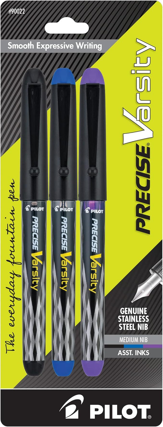 PILOT Precise Varsity Pre-Filled Fountain Pens, Medium Point Stainless Steel Nib, Black/Blue/Purple Inks, 3-Pack (90022)-DeskLoop Office