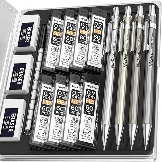 Nicpro 4 Pack Mechanical Pencil 0.7mm with Case, MB1000 Metal Mechanical Pencil Set with 8 Tube HB #2 Lead Refill 0.7 mm, 3PCS 4B Eraser, 9 Cap Eraser for Artist Drafting Writing, Sketching, Drawing-DeskLoop Office