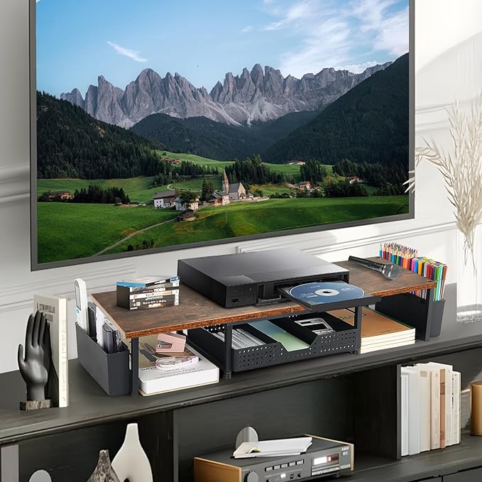 Desk Dual Monitor Stand Riser - Desk Organizer with Drawer and Pen Holders, Office Desk Accessories & Workspace Organization, Computer Monitor Stand for Laptop, Printer, TV, Office Decor, Wood-DeskLoop Office