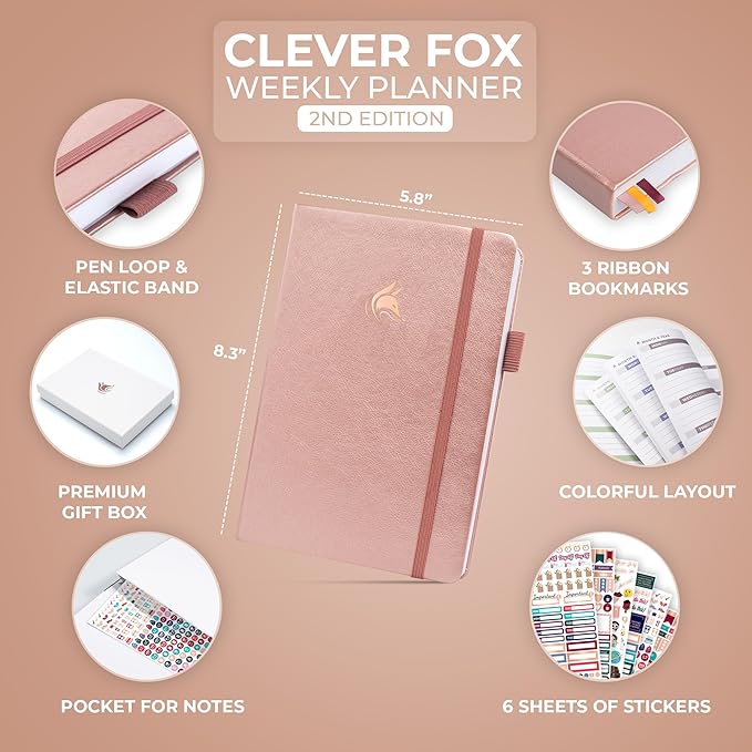 Clever Fox Planner 2nd Edition – Colorful Weekly & Monthly Goal Planner, Time Management & Productivity Organizer, Undated, A5 (Rose Gold)-DeskLoop Office