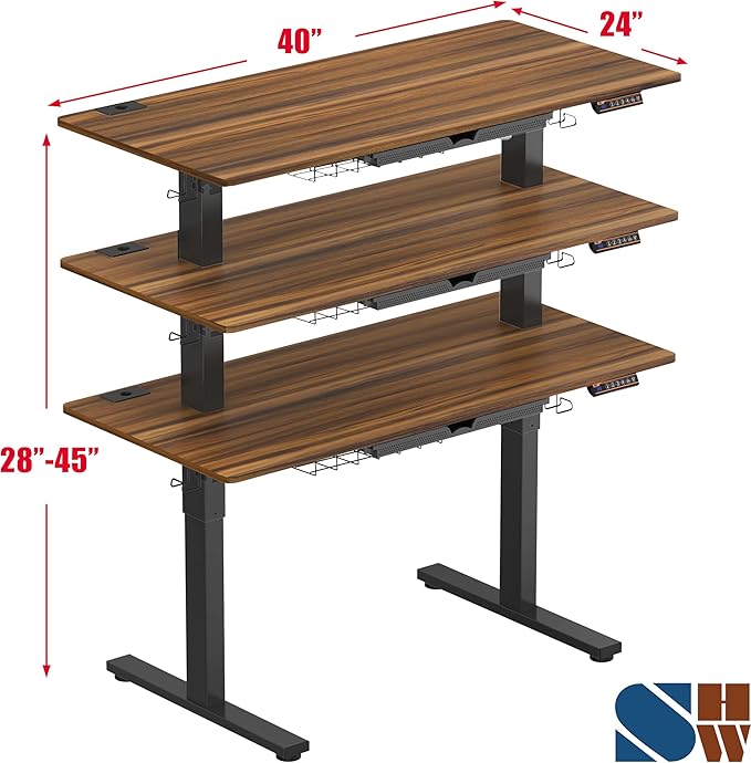 SHW 40-Inch Electric Height Adjustable Standing Desk with Drawer, Memory Preset and Cable Management Tray, Walnut-DeskLoop Office