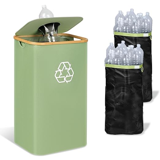 29 Gallons Recycling Bins for Kitchen, Indoor Recycle Bins with Lid, 110L Large Recycle bin with 2 Removeable Reusable Inner Bags, for Bottles Cans Glass Plastice Cartons(Green)-DeskLoop Office