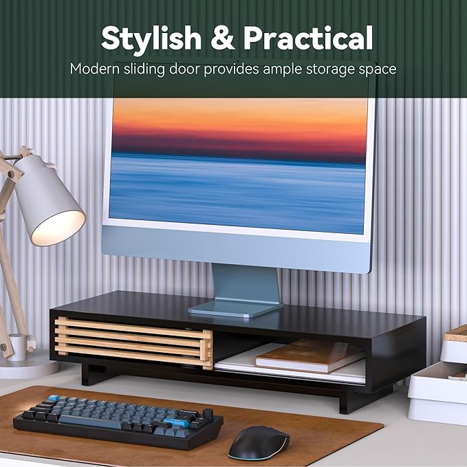 Monitor Stand Riser with Sliding Door, Computer Laptop Stand Desk Shelf Organizer with Storage (Black + Natural Bamboo, 25 Inch)-DeskLoop Office