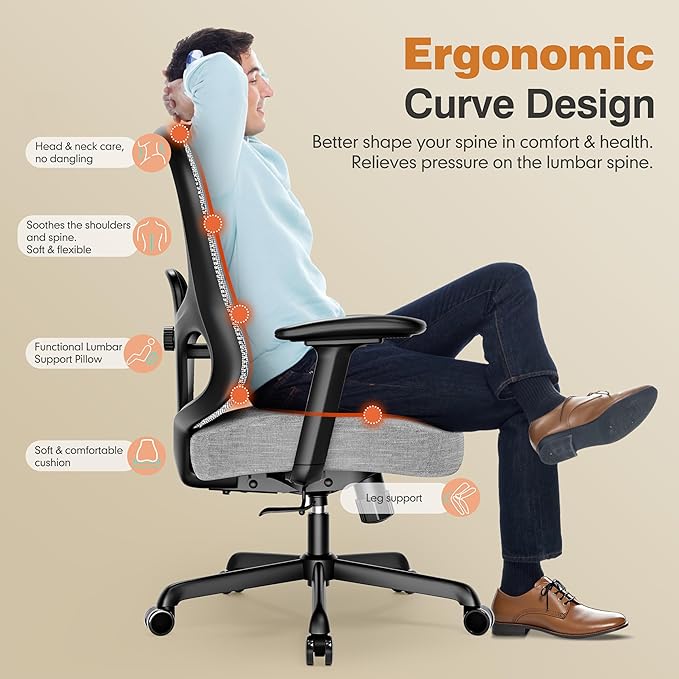 ELABEST Ergonomic Office Chair,Home Desk Chair with Mesh Back,Adjustable Lumbar Support,Built-in Springs Wide Seat,Executive Task Chair with 3-D Big Armrests,Tilt Function,Computer Desk Chair (Grey)-DeskLoop Office