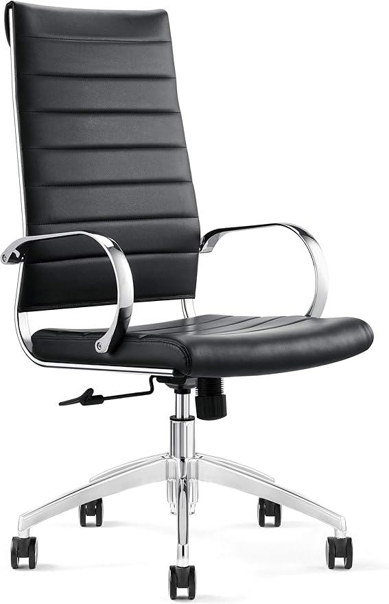 Ribbed High Back Conference Room Chairs - Lumbar Support, Modern Style Executive Chair for Home and Office - 360 Swivel Rolling Wheels - Aluminum Chrome Frame & Base - Black (Pack of 1)-DeskLoop Office