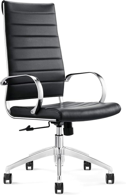 Ribbed High Back Conference Room Chairs - Lumbar Support, Modern Style Executive Chair for Home and Office - 360 Swivel Rolling Wheels - Aluminum Chrome Frame & Base - Black (Pack of 1)-DeskLoop Office