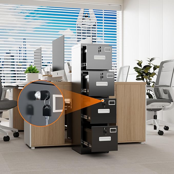 4 Drawer Metal Vertical File Cabinet with 4 Independent Locks, Home Office File Cabinet with Card Holder for Letter/Legal/A4 Folders, Black Filing Cabinet, Assembly Required, 4 Drawers-DeskLoop Office