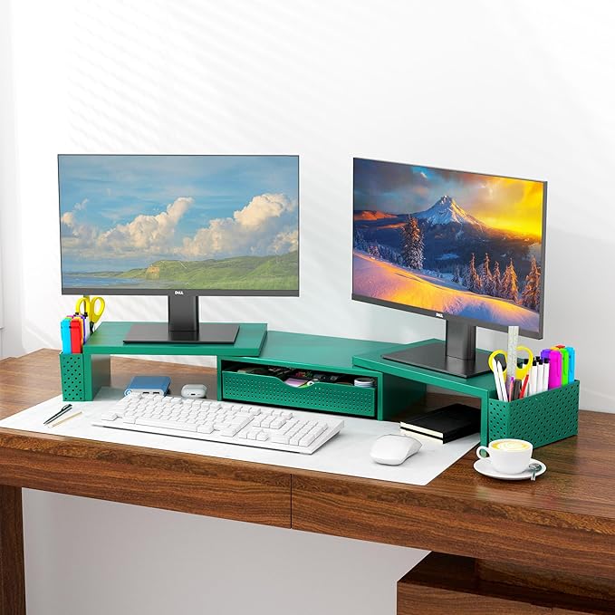 Spacrea Metal Desk Organizers and Accessories, Dual Monitor Stand Riser with Drawer and 2 Pen Holders, Desk Accessories & Workspace Desktop Organizers for Office Supplies (Dark Gree)-DeskLoop Office
