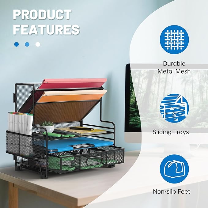 5 Tier Desk Organizer with Drawer & Pen Holders, Desk File Organizer Letter Tray Paper Organizer, Black-DeskLoop Office