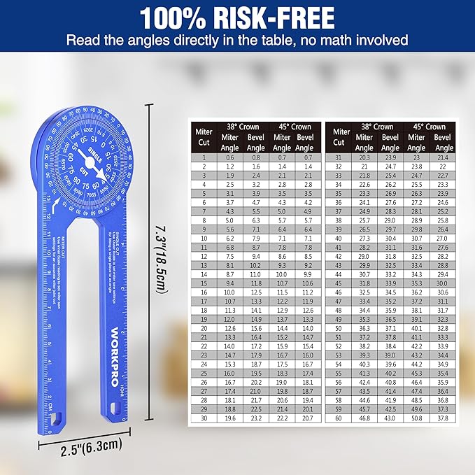 WORKPRO Aluminum Miter Saw Protractor, 7.3 Inch Angle Finder Featuring Precision Laser Engraved Scales for Inside and Outside Corner, Carpenters, Plumbers and All Building Trades, 360° Rotation, Blue-DeskLoop Office