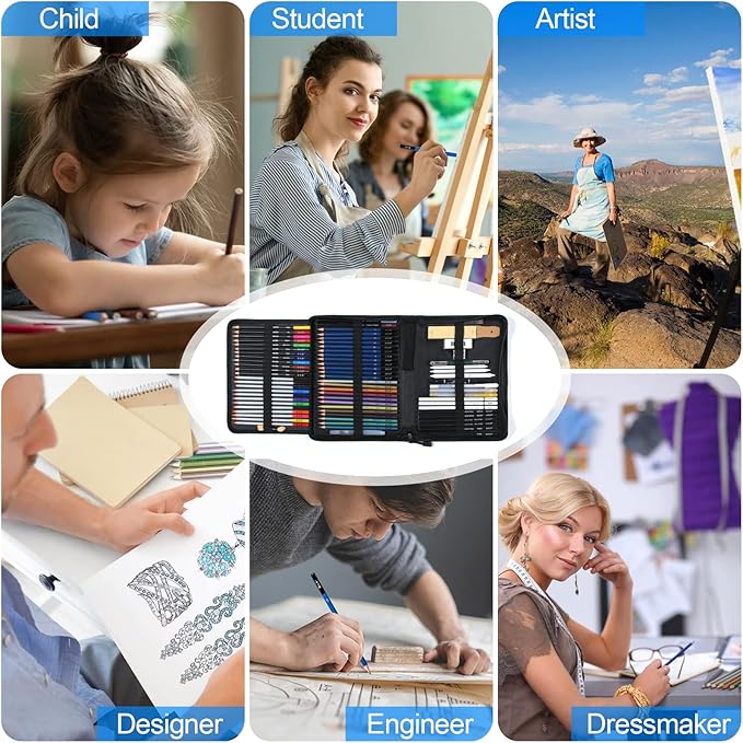 H & B 80-Pack Colored Sketching Art Pencil Set with 3-Color Sketchbook and Coloring Book - Includes Graphite, Watercolor, Metallic, and Oil-Based Colored Pencils-DeskLoop Office