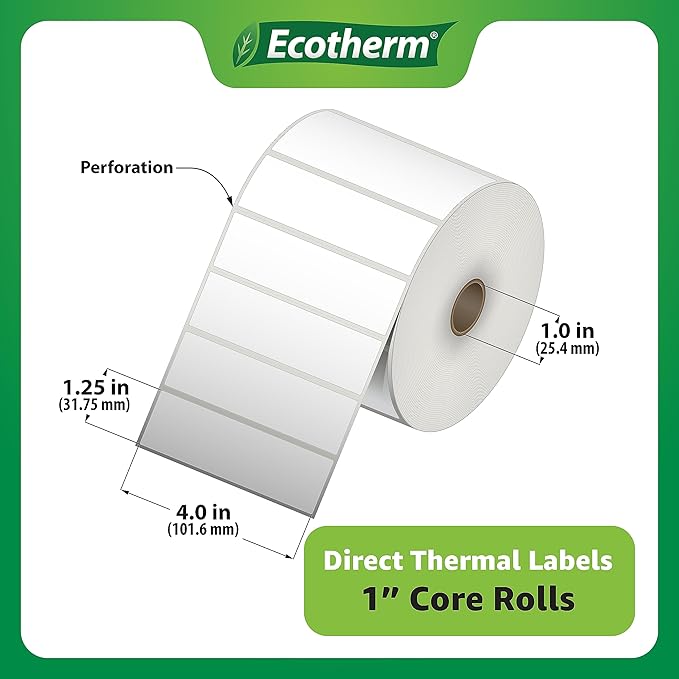 4" x 1.25" Thermal Labels | 6 Rolls | 12600 Labels | fits Zebra, Munbyn, Rollo, Godex, Arkscan, iDPRT, Offnova Thermal Label Printers and More | Blank White Adhesive Stickers by Ecotherm-DeskLoop Office