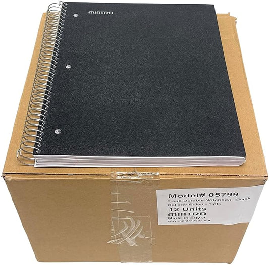 Mintra Office Durable Spiral Notebooks, 5 Subject (Black, College Ruled 12pk)-DeskLoop Office