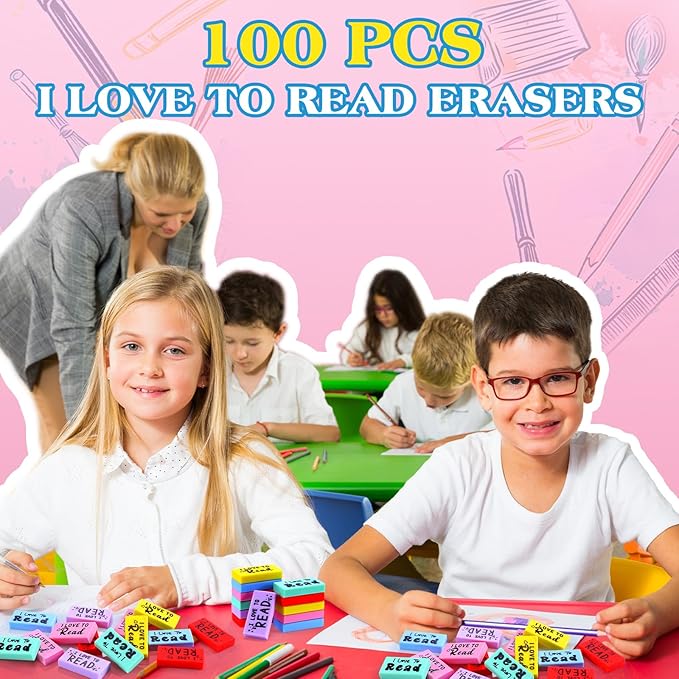 100 Pcs Inspirational Erasers for Kids Back to School Gifts I Love to Read Small Colorful Pencil Erasers for Students Classroom Cute Motivational Gift for Drawing School Office Supplies-DeskLoop Office