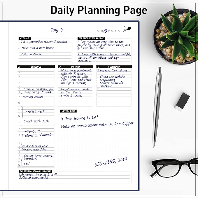 Day Planner - Professional Goal Planner, Calendar & Gratitude Journal to Increase Productivity, Time Management & Happiness - Vegan Leather Softcover, 24 Hourly Planner, Undated 6 Months Work Planner-DeskLoop Office