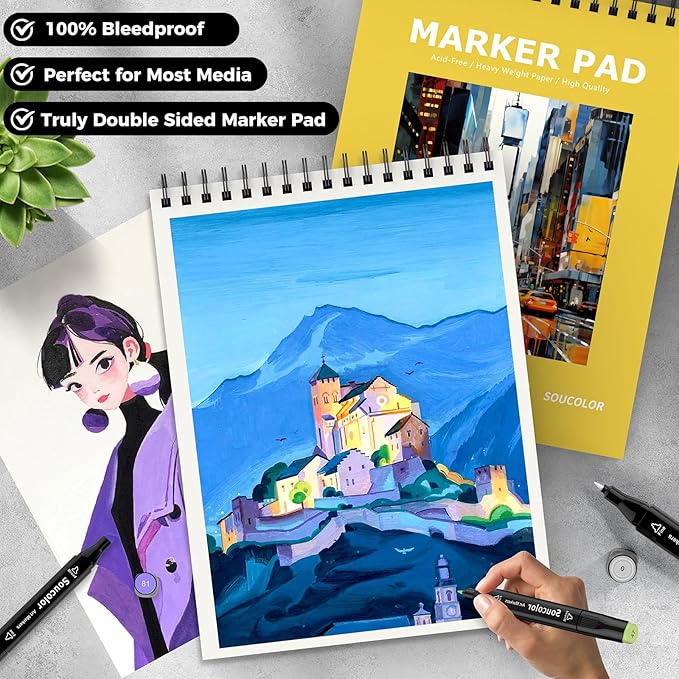 Soucolor 100 Sheets Marker Paper Pad, 9"x12" Bleedproof Art Sketch Pad, 73lb/120gsm Drawing Paper Spiral Sketch Book, Alcohol Marker Paper Painting Coloring Paper for Beginners, Artists, Kids-DeskLoop Office