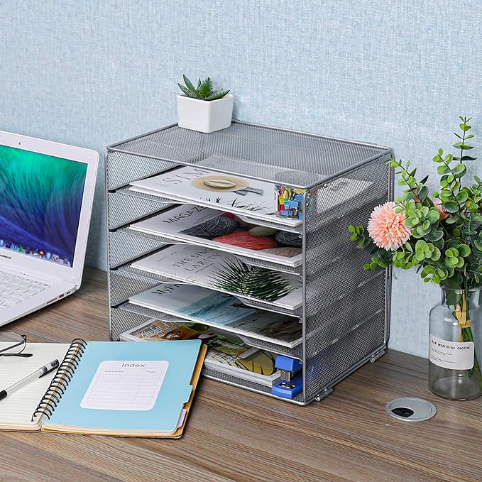 EasyPAG 5-Tier Mesh Desk File Organizer with Metal Frame, Screw-Free Assembly, Space Saving Letter Tray for Office/Home/School - A4 & Letter Size Paper Sorter, Silver-DeskLoop Office
