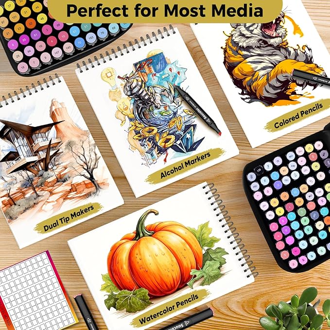 Soucolor 100 Sheets Marker Paper Pad, 9"x12" Bleedproof Art Sketch Pad, 73lb/120gsm Drawing Paper Spiral Sketch Book, Alcohol Marker Paper Painting Coloring Paper for Beginners, Artists, Kids-DeskLoop Office