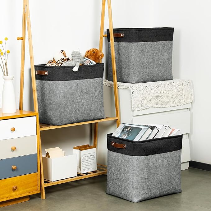 DULLEMELO Grey Storage Baskets for Organizing 3 Pack Fabric Shelf Baskets for Gifts Empty Large Storage Organizer for Closet,Clothes,Toys,Bedroom (Black&Grey)-DeskLoop Office