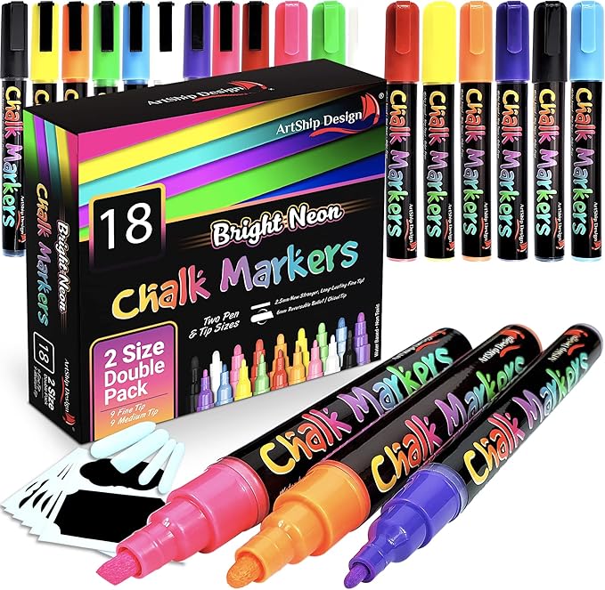 18 Neon Chalk Markers - Double Pack of Fine and Medium Tip Liquid Chalk Pens - Wet Erasable for Menu Boards, Glass, Windows, Whiteboards, Classrooms, Mirrors, Plastic-DeskLoop Office