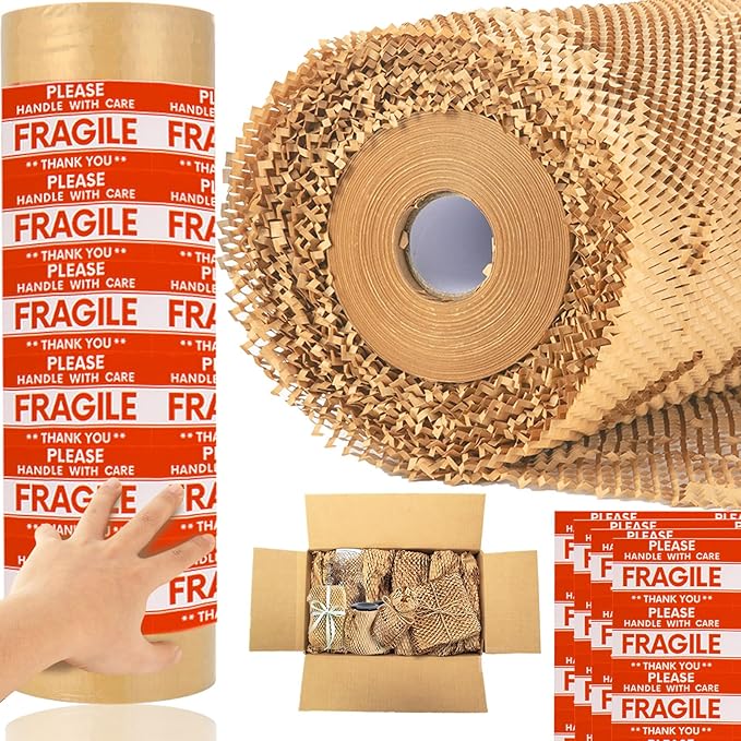 Honeycomb Packing Paper Wrap 15''x328', Substitute Alternative for Bubble Cushioning Wrap for Moving Shipping Packaging, Recyclable Moving Supplies with 48 Fragile Sticker Labels-DeskLoop Office