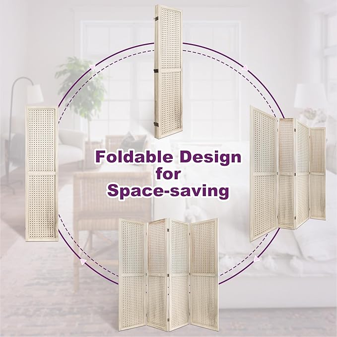 Room Divider, 5.6FT Folding Room Divider Panel, 4 Panel Pegboard Display Wood Partition Wall Divider for Room Separation& Craft Shows, Natural Wood-DeskLoop Office