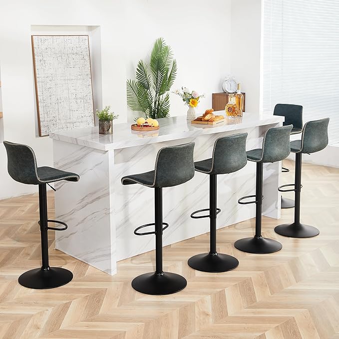 HeuGah Bar Stools Set of 3, Swivel Counter Height Barstools with Back, Adjustable Height 24" to 32", Faux Leather Bar Chairs for Kitchen Island (Deep Teal, Set of 3 (24'' to 32''))-DeskLoop Office