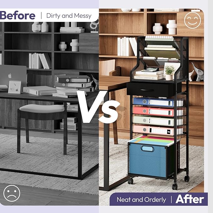 SWTYMIKI 10-Tier Rolling File Cart - Mesh Paper Organizer with Drawer and Hanging File Folders on Lockable Wheels, Wood Teacher Cart for Office Organization, Storage in Home, Studio, School (Black)-DeskLoop Office