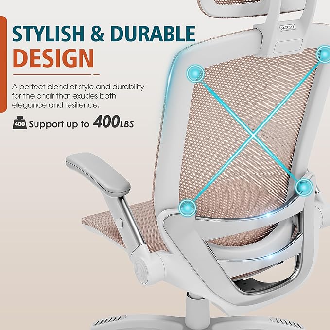 GABRYLLY Ergonomic Office Chair, High Back Home Desk Chair with Headrest, Flip-Up Arms, 90-120° Tilt Lock and Wide Cushion, 400LBS Mesh Chairs for Man Woman, White Task Chair(Pink,GY01WPK)-DeskLoop Office