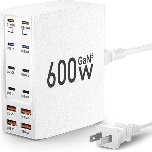Charging Station (600W),12-Port USB C Charger Block with Dual 100W PD USB-C Fast Charging Station Hub for MacBook Pro/Air/All iPad iPhone 17/16 15/14/13/Pro Max/Samsung Galaxy Note(White)-DeskLoop Office