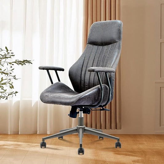 Mid Century Modren Office Chair - High Back Swivel Executive Chair with Lumbar Support,Ergonomic Computer Desk Chair with Wheels,Faux Lether Suede Task Chair,350lbs (Grey, High Back)-DeskLoop Office