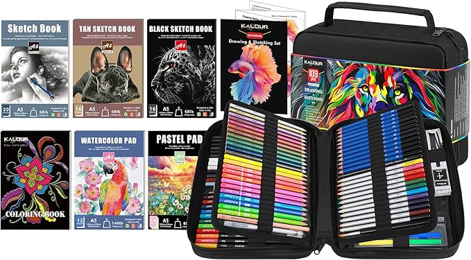 109 Drawing Set Sketching Kit, Pro Art Supplies with Fluorescent, Colored, Watercolor, Metallic, Graphite, Charcoal Pencils, 5 Sketchbook and Coloring Book, Gift for Artists Adults Teens Beginner-DeskLoop Office