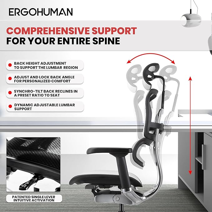 Ergohuman Eurotech ME7ERG GEN2 High Back Mesh Office Chair with Tilt Tension Control, Tilt Lock, Back Angle, Back Height, Synchro Tilt, Seat Height, Seat Depth, and Arm Height Adjustments, Grey-DeskLoop Office