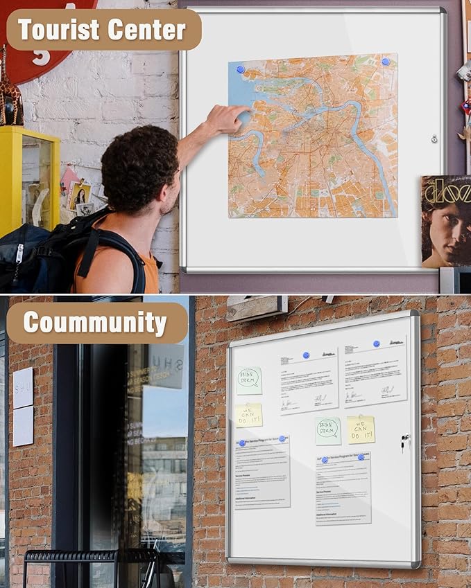 38"x38" Enclosed Bulletin Board, Lockable Weather-Resistant Aluminum Noticeboard for School & Office, Silver Frame w/Magentic Whiteboard-DeskLoop Office