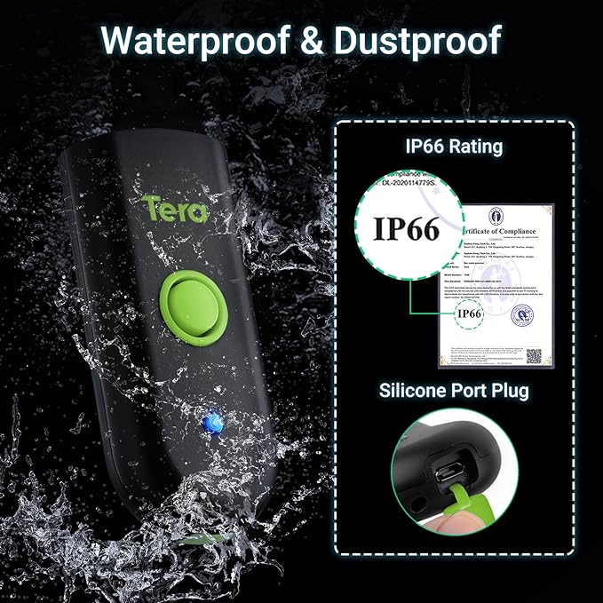 Tera Mini 1D Barcode Scanner: Pocket Waterproof Wireless Laser Scanner 3 in 1 Compatible with Bluetooth USB Wired Portable Bar Code Reader for Store Logistics Work with iOS Windows Android 1100L Green-DeskLoop Office