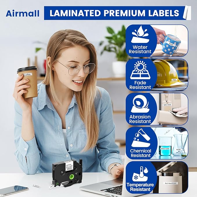 Airmall Tze 12mm 0.47 Laminated White Label Maker Tape Refill Compatible with Brother Ptouch Tape 12mm 0.47 White TZe-231 TZe231 for PT-D220 1180 1280 1290 1750 1830, 8 Pack-DeskLoop Office