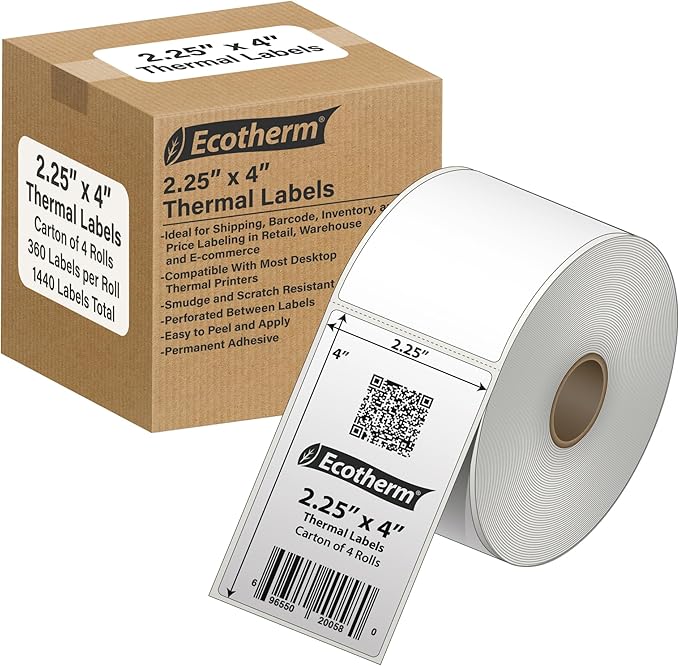2.25" x 4" Thermal Labels | 4 Rolls | 1440 Labels | fits Zebra, Munbyn, Rollo, Godex, Arkscan, iDPRT, Offnova Thermal Label Printers and More | Blank White Adhesive Stickers by Ecotherm-DeskLoop Office