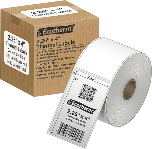 2.25" x 4" Thermal Labels | 4 Rolls | 1440 Labels | fits Zebra, Munbyn, Rollo, Godex, Arkscan, iDPRT, Offnova Thermal Label Printers and More | Blank White Adhesive Stickers by Ecotherm-DeskLoop Office