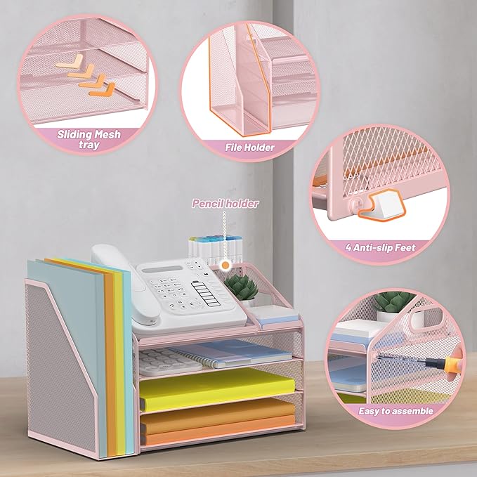 DocNest 4 Tier Paper Letter Tray File Organizer, Mesh Desk File with Handle, Workspace Desk Organizers with Pen Holder, Office Organization Storage Accessories - Pink-DeskLoop Office