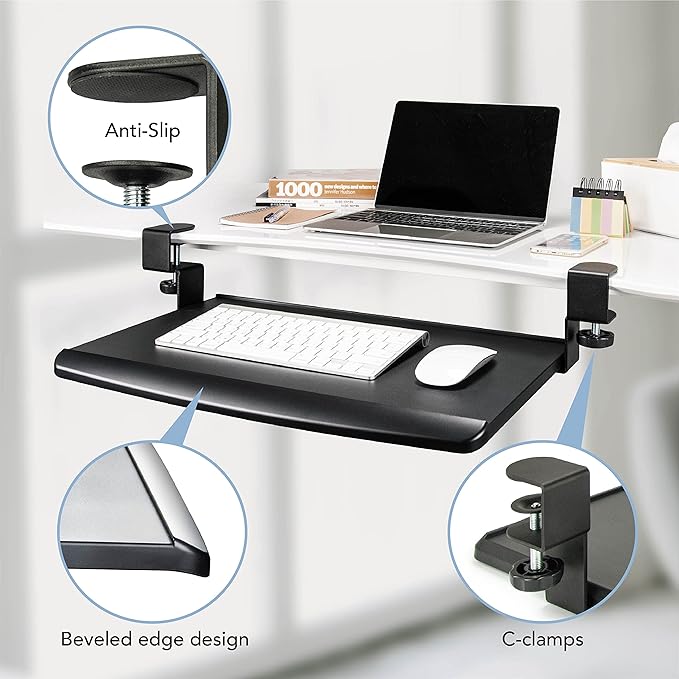 EHO Clamp-On Retractable Adjustable Keyboard Tray, Under Desk Ergonomic Keyboard Tray - Easy Tool-Free Install - Small Surface 20" (24.8" Including Clamps) x 11.5"-DeskLoop Office