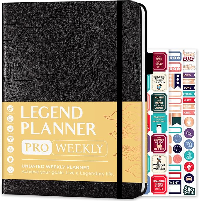 Legend Planner PRO – Deluxe Weekly & Monthly Life Planner to Increase Productivity and Hit Your Goals. Time Management Organizer Notebook – Undated – 7 x 10" Hardcover + Stickers – Black-DeskLoop Office