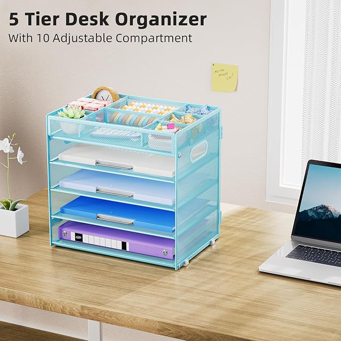 Marbrasse 5-Tier Letter Tray Paper Organizer with Handle, Multi-Functional Mesh File Organizer for Desk, Adjustable Compartments Mesh Desktop Storage for Office Supplies,Blue-DeskLoop Office