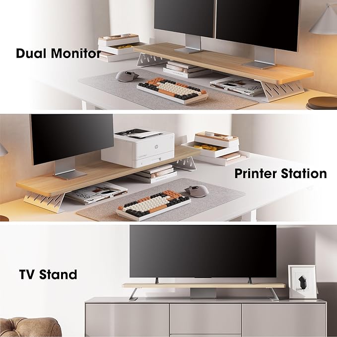 Fenge Dual Monitor Stand Riser, 42.5 Inch Desk Top Shelf for 2 Monitors, Computer Stands for Desk, Wood & Steel Desktop Riser for Laptop, PC, Printer-DeskLoop Office